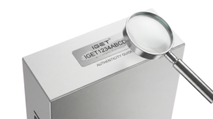 3D render of an IGET vape box with a magnified view of the scratch-off security code label, emphasizing the authenticity check process.