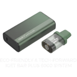 3D render of the IGET Bar Plus 6000 device next to a replaceable flavor pod, highlighting the rechargeable and sustainable pod system design.