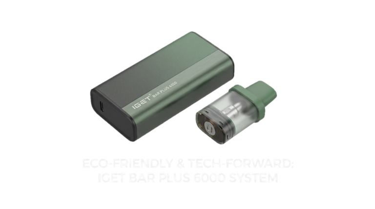 3D render of the IGET Bar Plus 6000 device next to a replaceable flavor pod, highlighting the rechargeable and sustainable pod system design.