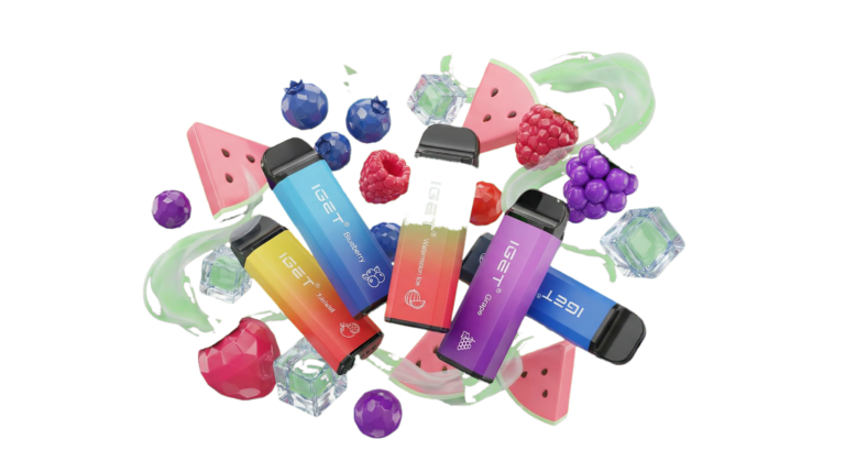 Vibrant 3D render of a collection of IGET vape devices and e-liquid bottles, surrounded by fresh fruit (grape, strawberry, watermelon) representing the top flavors.