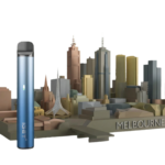 Stylized image of an IGET vape device superimposed over a map or skyline of Melbourne, emphasizing fast local delivery and availability.