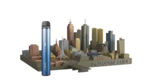 Stylized image of an IGET vape device superimposed over a map or skyline of Melbourne, emphasizing fast local delivery and availability.